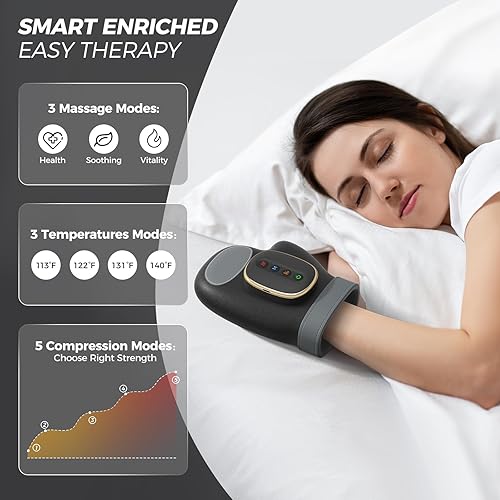 Miniatura 10 de WUX Masajeador de manos con alivio de compresión de calor, 3 masajes, 4 temperaturas, 5 modelos de compresión, terapia ayuda a calmar la fatiga de