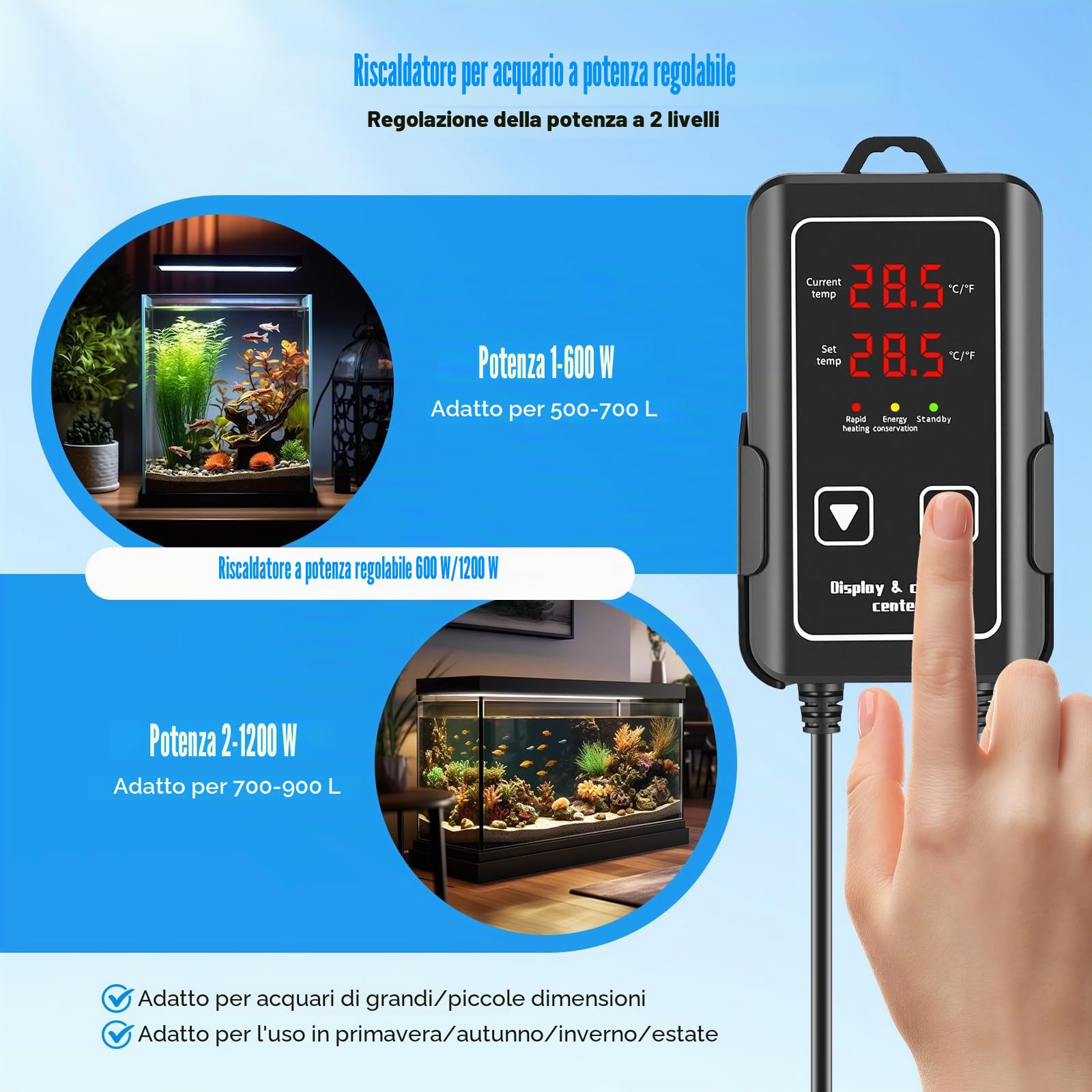 Riscaldatore per Acquario 600W Regolabile, Barra Riscaldante con Display Digitale a LED Esterno, Controller LED, Protezione da Sovratemperatura, Termostato per Acquari Dolce e Salato da 250L a 400L