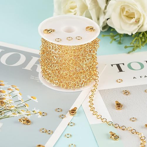Miniatura 5 de KYUNHOO Cadenas de acero inoxidable chapadas en oro de 16.4 pies, cadena de eslabones circulares de 0.157 in, a granel para mujeres, pulseras,