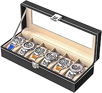 Ausalivan Black Leather Watch Display Case - 6-Slot Organizer Box for Men & Women, Travel Tray with Glass Lid & Velvet Lining