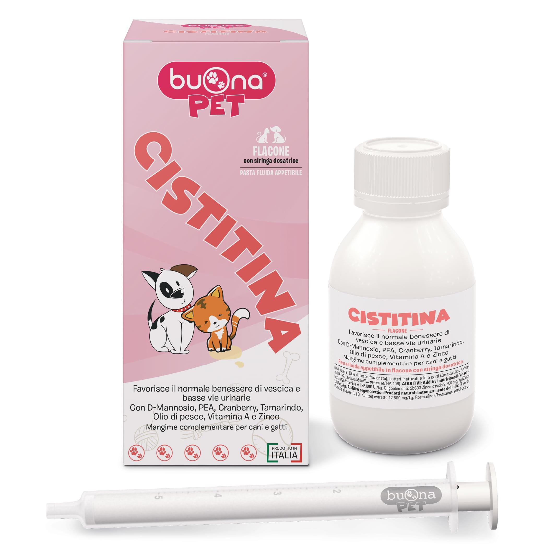 Cistitina Buona Pet 60g Cani e Gatti, Supporta l'Apparato Urinario con D-Mannosio, Cranberry, Tamarindo, Zinco, Semi di pompelmo, Vitamina A, Olio di Pesce, PEA Levagen Plus®, L-teanina, lattobacilli