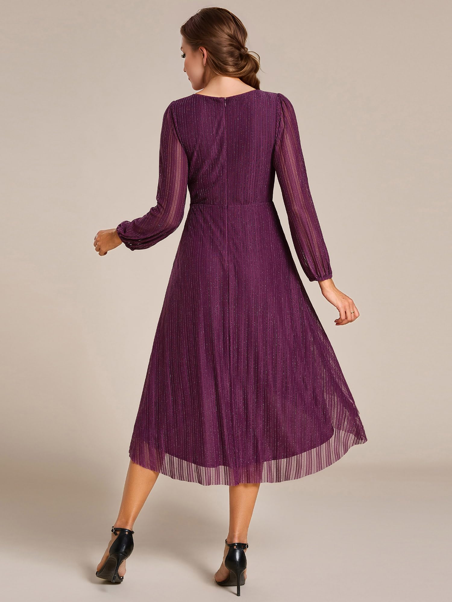 Ever-Pretty Vestido Boda Mujer Invitada Midi Elegantes Vestido de Fiesta Manga Larga Mujer EG02266
