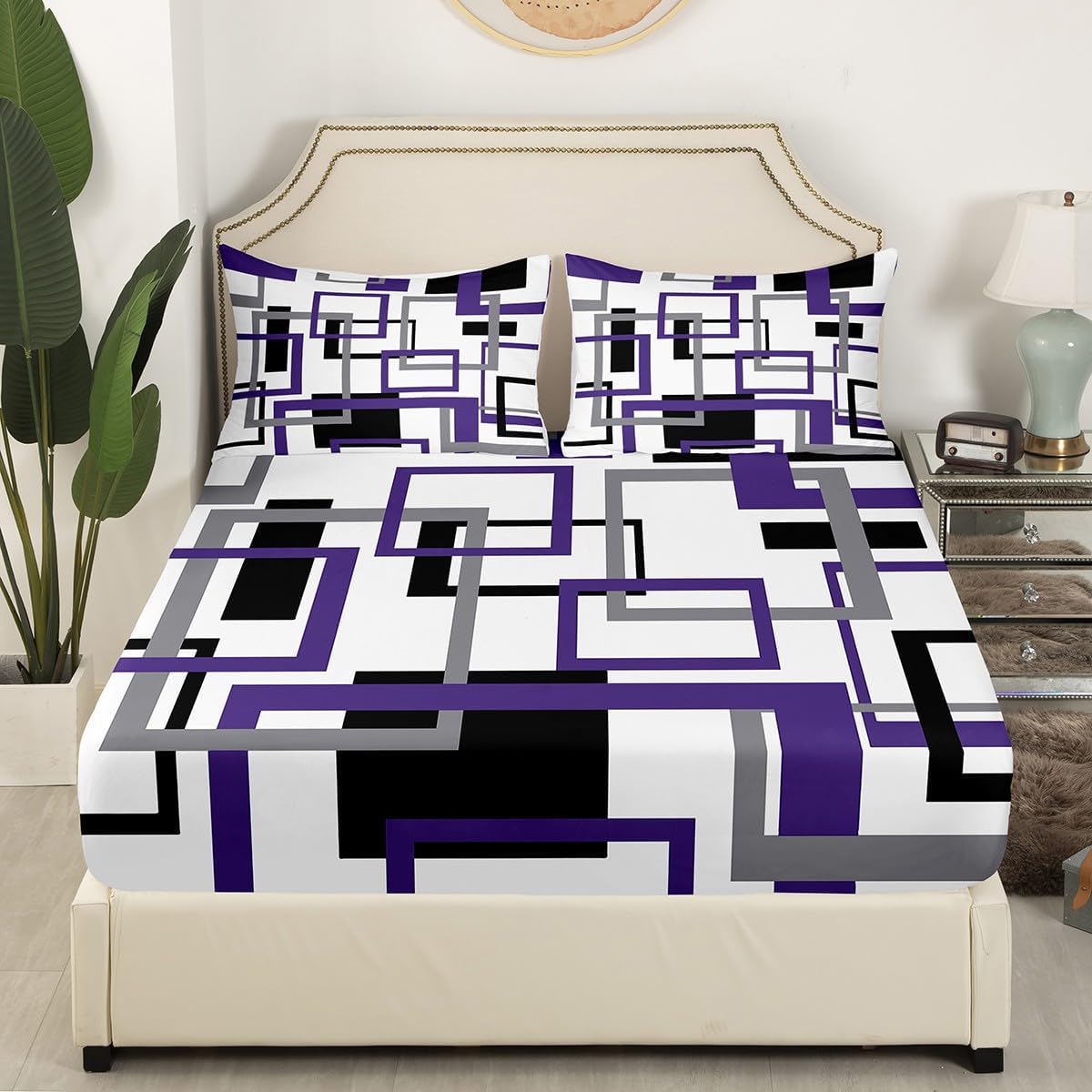 Geometric Sheet Set for Kids Boys Girls,Vintage Black White Grey Purple Bed Sheets Queen Size,Modern Farmhouse Bedding Set Bedroom Decor,Striped Pattern Fitted Sheet + Top Sheet + 2 Pillow Shams