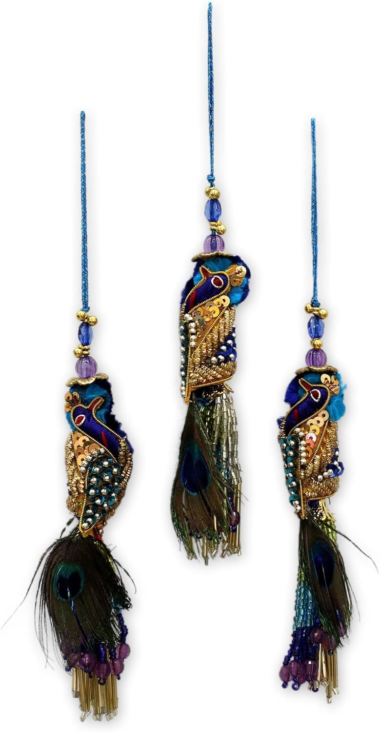 NOVICA Decorative Christmas Wood Hanging Holiday Ornaments, Brown, Songbird Holiday' (Set of 5)