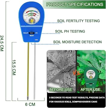 3-in-1 Soil Moisture Meter, Dual Probe Soil Moisture Meter, PH/Humidity/Fertility, Suitable for Gardens, Lawns, Farms, Indoor and Outdoor Use, No Batteries Required (Blue)