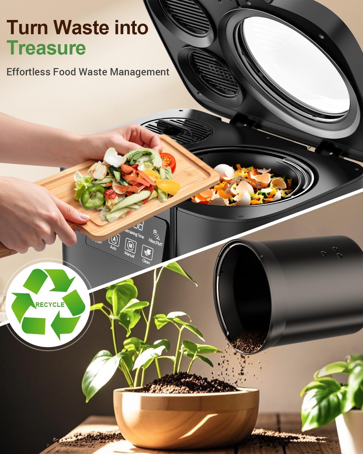 Growell 4L Electric Composter for Kitchen, Smart Odorless Compost Bin with 2 Carbon Filters, Large LED Display & Visible Window, Auto-Cleaning, Indoor Countertop Food Waste Composting Machine