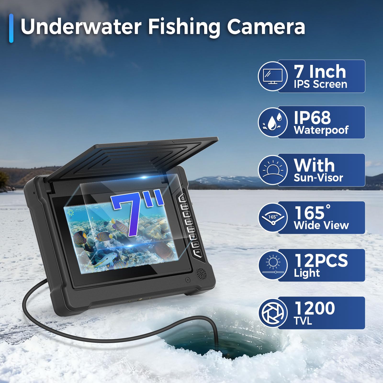 Cámara de Pesca Submarina 7" IPS con Visera, HD 1200TVL Gran Angular, IP68, Fish Finder para Hielo Mar Lago