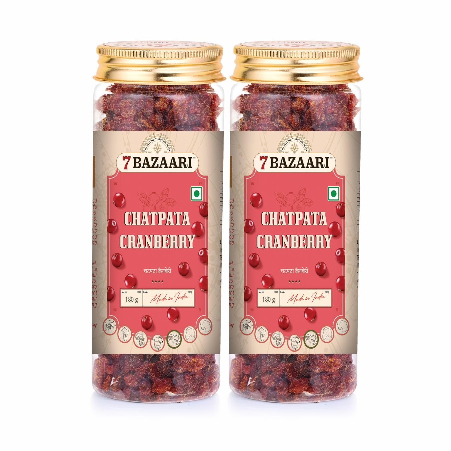 7 BAZAARI Chatpata Cranberry - Premium Spicy & Tangy Dried Cranberries with Chatpata Seasoning, Cumin, Natural Ingredients,High-Fiber, Heart-Friendly Healthy Indian Snack, 180 Gram Pack (Pack of 2)