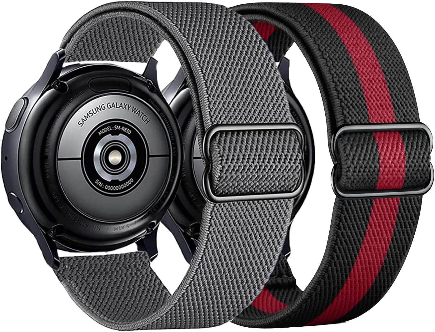 2PACK AHXLL Nylon bands compatible with Samsung Galaxy Watch Active 2 44mm 40mm/Active 40mm/Galaxy Watch 3 41mm/ Galaxy Watch 4 40mm 44mm /Galaxy Watch 5 Pro 45mm, 20mm Stretchy Sport Loop Breathable Wristband (Black Red+ Gray）