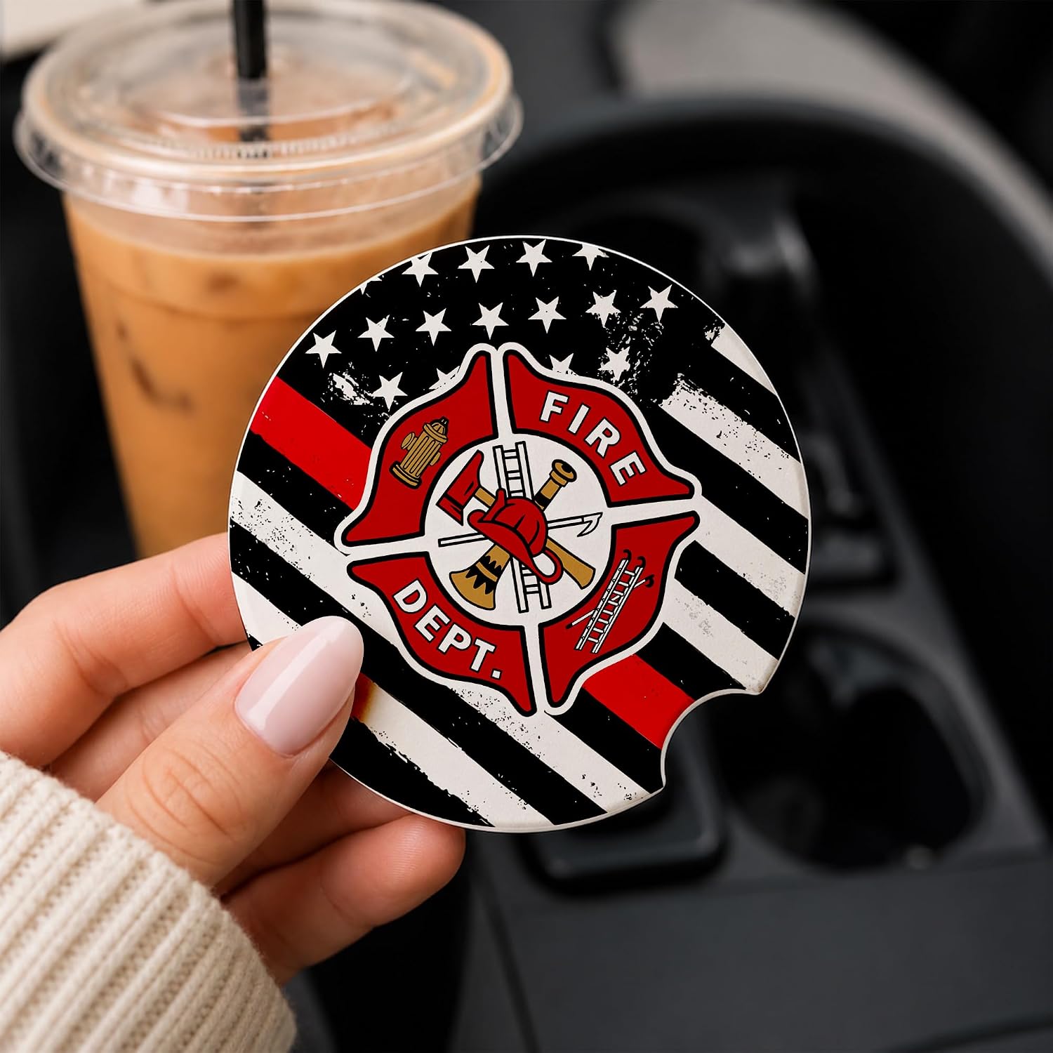 Firefighter Car Coasters Set of 2 – Firefighter's Prayer Ceramic Cup Holder Coaster – Thin Red Line Fire Dept Gift for Fire Rescue First Responder Appreciation Birthday Christmas image 5