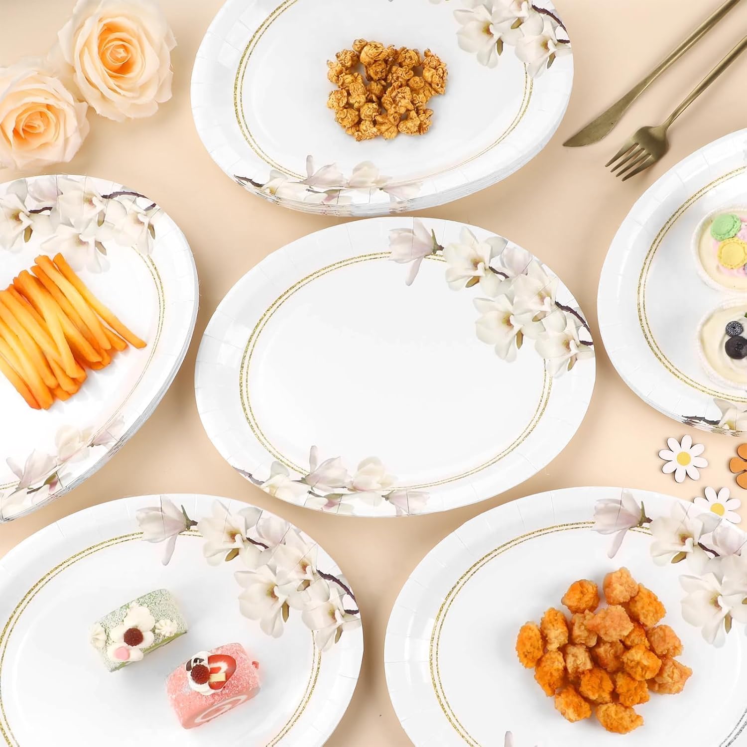 50 Count Floral White Magnolia Oval Plates Spring Flower Disposable Plates 11*9inch Magnolia Paper Plates Blossom Large Disposable Platter for Wedding Anniversary Baby Shower Bridal Party Supplies