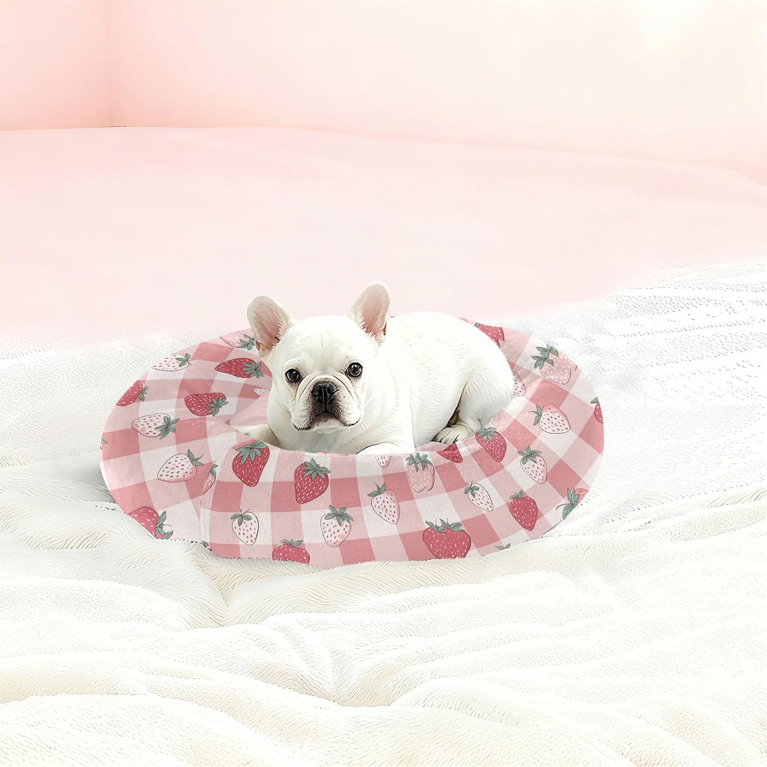 Wudan Pet Cat Beds Removable & Washable Fluffy Dog Pillow Bed for Extra Small Size Pets Sleeping M Strawberries on Pink and White Checker