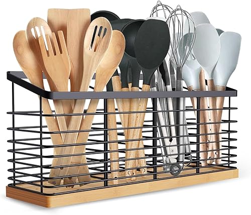 Suli Soporte de utensilios de cocina extra grande con 4 compartimentos, soporte de metal negro mate con base de madera para encimera de cocina,
