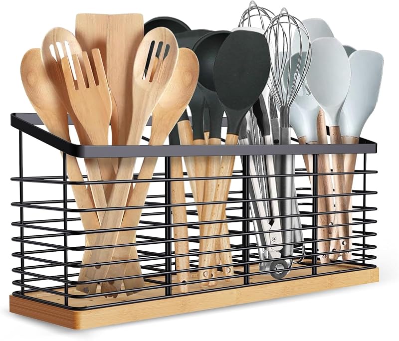 Extra Large Kitchen Utensil Holder, 4 Compartments, Black | Metal Utensil Holder with Wooden Base for Countertop, Rustic Cooking Utensil Organizer, Spacesaving, Large Capacity