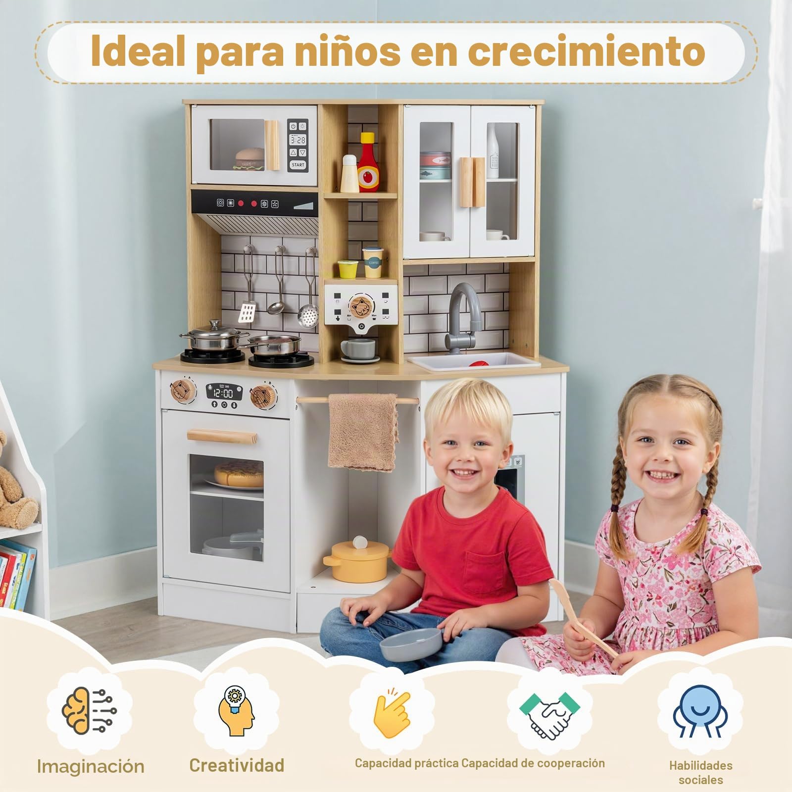 FANTASK Cocina de Juguete de Madera con luz y Sonido, Accesorios de 10 Piezas, Estufa/Fregadero/Horno y electrodomésticos múltiples, Cocina Infantil a Partir de 3 años (Blanco)