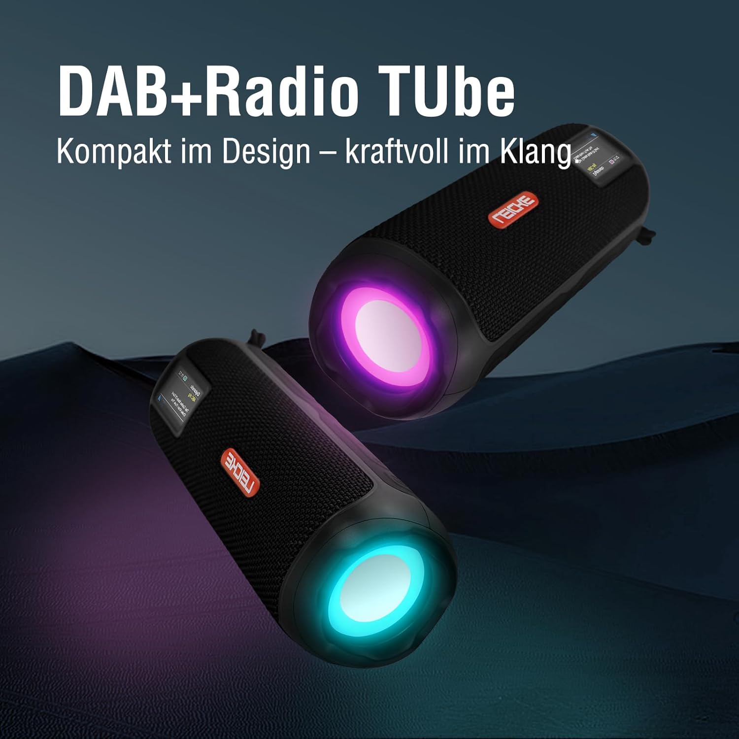 Two LEICKE DAB+ Radio Tubes with glowing RGB lights
