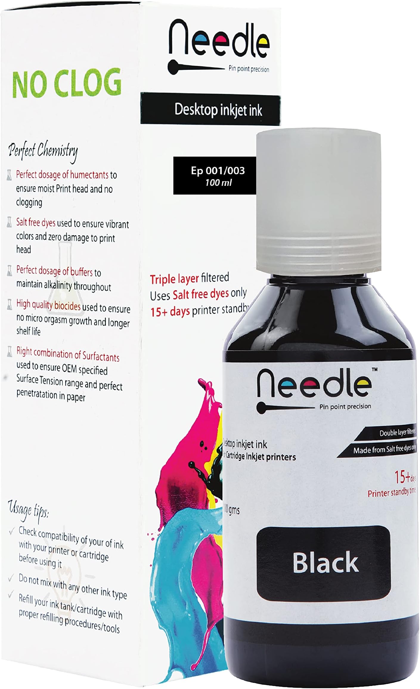 Needle 100ml (Black) 001/003 Inkjet Ink Compatible with L3150,L3110,L3100, L3151, L3152, L1110, L3115, L3116, L3156, L4150,L6170,L4160,L5190,L6190,L6160 Ink Tank Printers