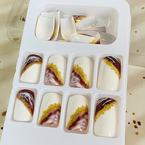 Miniatura 5 de 24 uñas postizas a presión de color blanco brillante, cuadradas, medianas, de cobertura completa, con diseños de mármol, uñas postizas acrílicas con