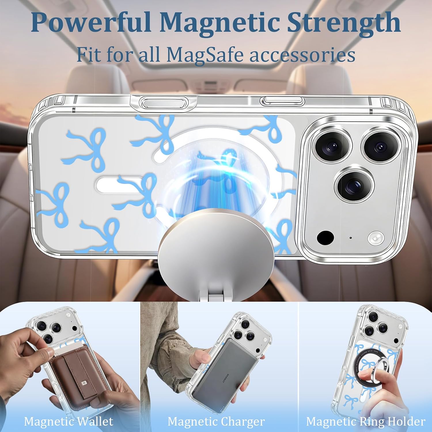 Bow print Clear Case for iPhone 17 Pro Max, 3-in-1 Set with 9H Screen Protector & Camera Lens Cover, Anti-Yellowing Shockproof Cute Blue Bow Design, Full Protection Girly Phone Accessories,Blue image 4