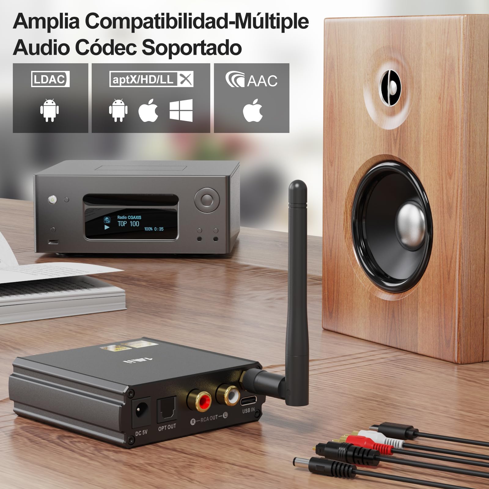 1Mii DS220 Receptor Bluetooth HiFi, Adaptador Bluetooth 5.3 Audio con DAC Audiófilo, Hi-Res LDAC/aptX HD/Baja Latencia, con Salida Óptica/RCA, Modo EQ Pantalla OLED para Estéreo