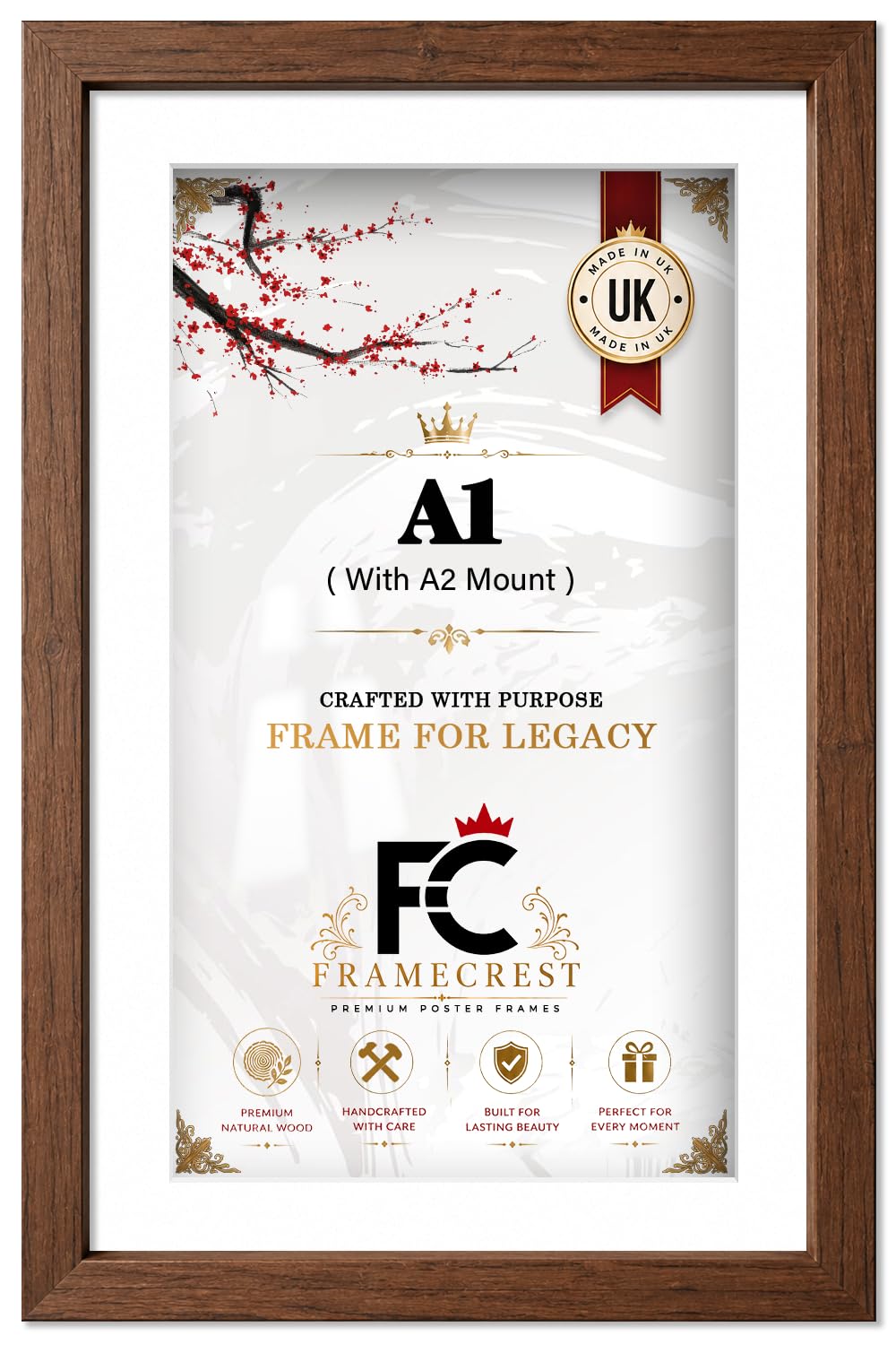 FRAMECREST LTD - A1 Picture Frame With A2 Mount And White Mat, Walnut A1 Photo Frame For Gallery Wall, Matted Picture Frames — Posters, Prints, Certificates For Wall And Office - [Walnut] — image 1