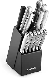 Farberware 15-Piece High-Carbon Stamped Stainless Steel Kitchen Knife Block Set with Steak Knives, Razor-Sharp Knife Set with Wood Block, Black