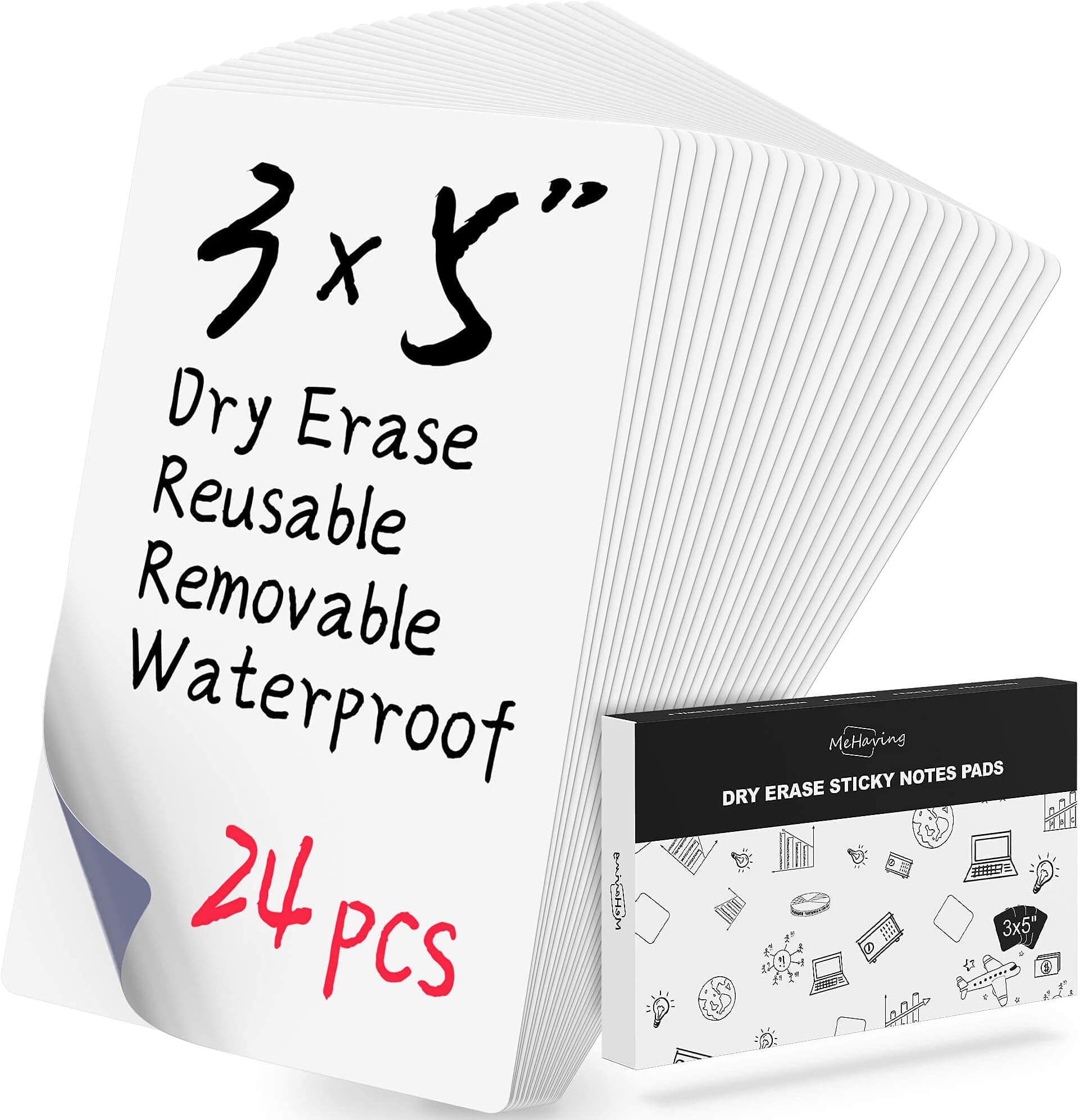 Dry Erase Sticky Note Pads 3x5| 24pcs Reusable Small White Board Stickers for Fridge,Door,Desk| Office,School Supplies| Removable Labels Strips Tags Notepad Sheets| Eco Friendly Products
