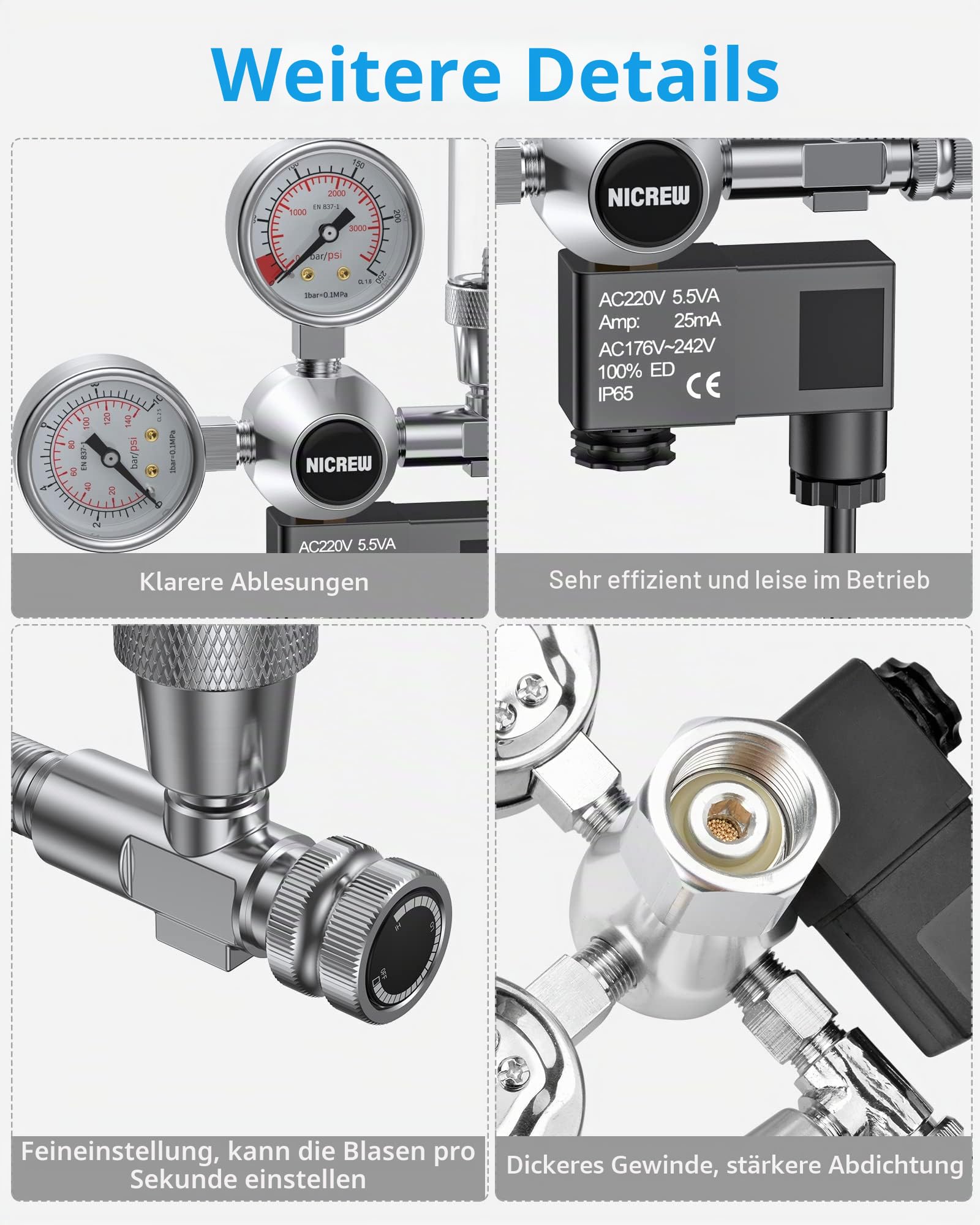 NICREW Außen CO2-Regler für Aquarien, Druckminderer für bepflanztes Aquarium, Doppelmanometer mit Magnetventil, Blasenzähler, Schnittstelle W21,8