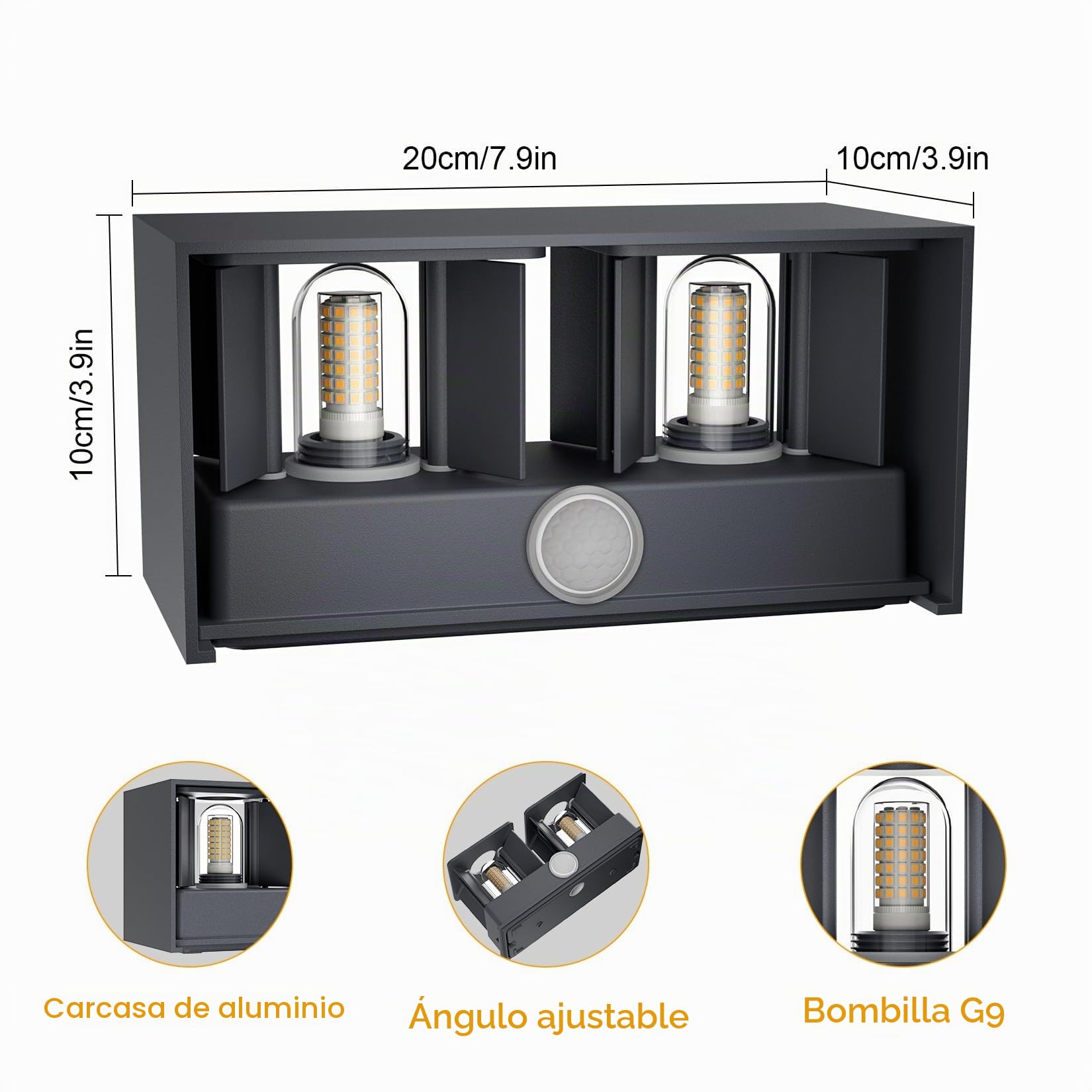 Klighten 1PCS 18W Aplique Pared Con Sensor de Movimiento, IP54 Apliques Con G9 LED Bombillas Reemplazables, 3000K Lampara de pared Interior/Exterior Ángulo ajustable Lámpara Pared, Antracita