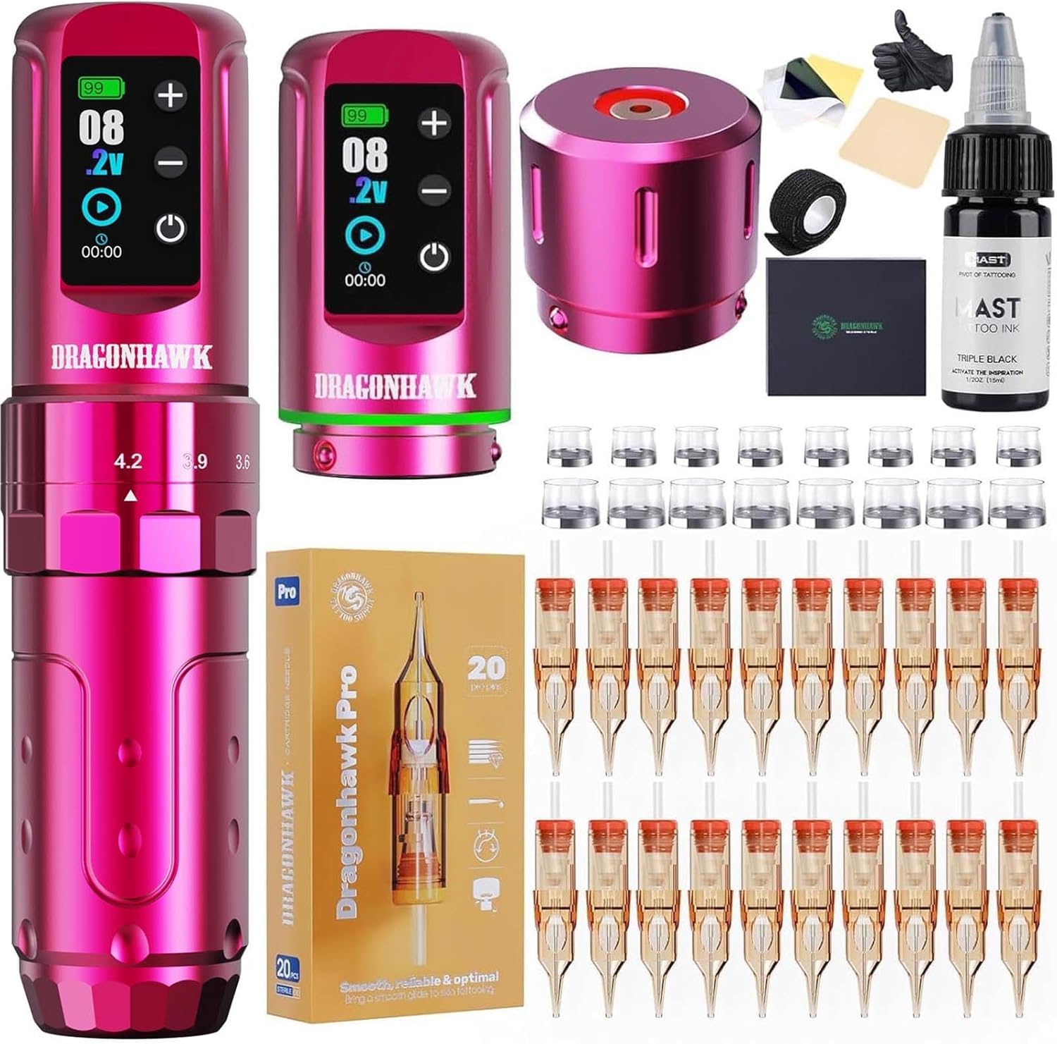 Dragonhawk L3 Tattoo Maschine Set,7 Hublängen 2 Stück 2000mAh Akkus | Kabelloses Tätowiermaschine Hub 2,4–4,2mm,RCA-Anschluss,Nadeln Für Einsteiger auf Übungshaut Rosa