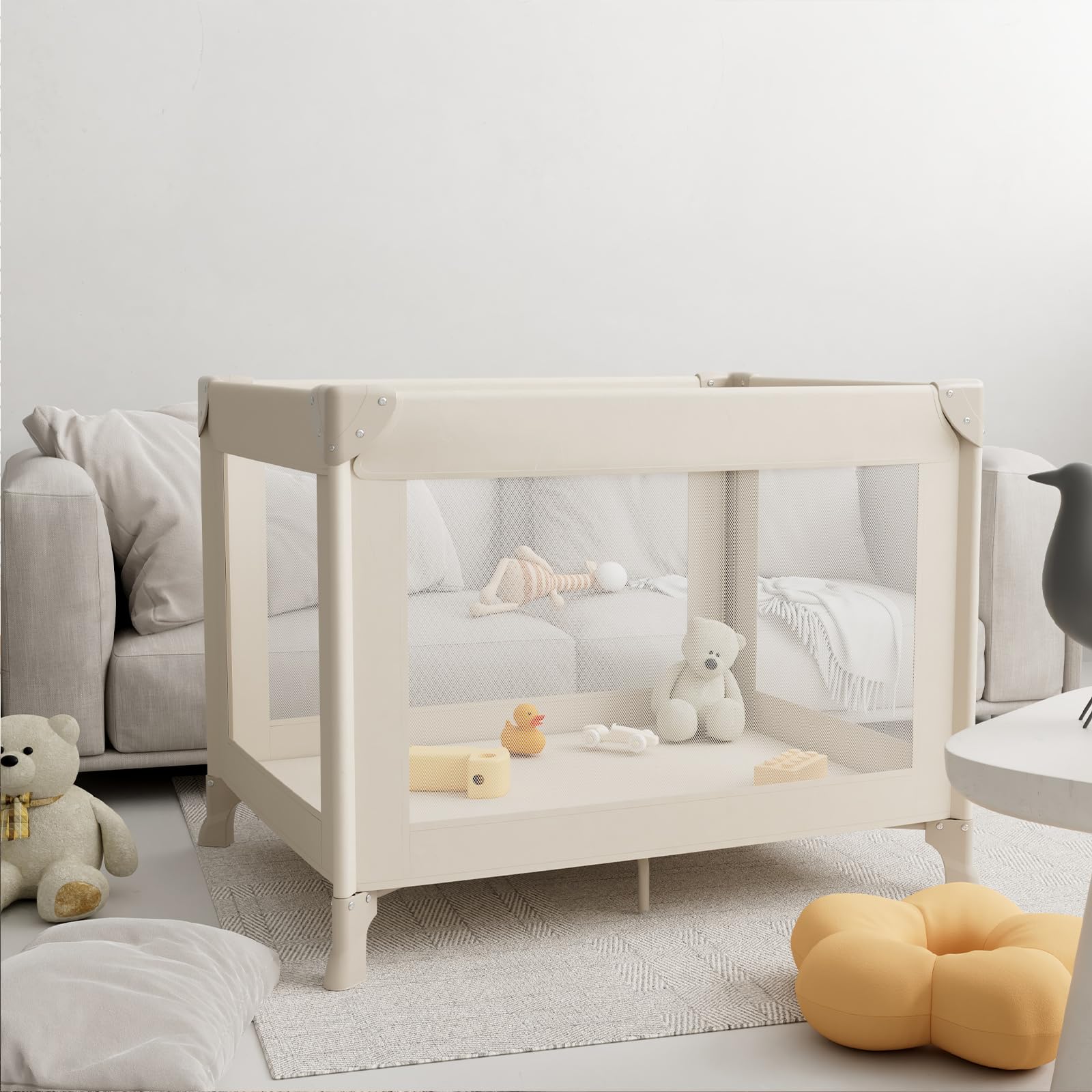 Klappbares Baby Reisebett, Mini Laufstall 100×70×70 cm – leichtes Reise-Klappbett, nutzbar als Babybett, Spielbereich, Hundelaufstall, Katzengehege, inklusive Tragetasche(Khaki)