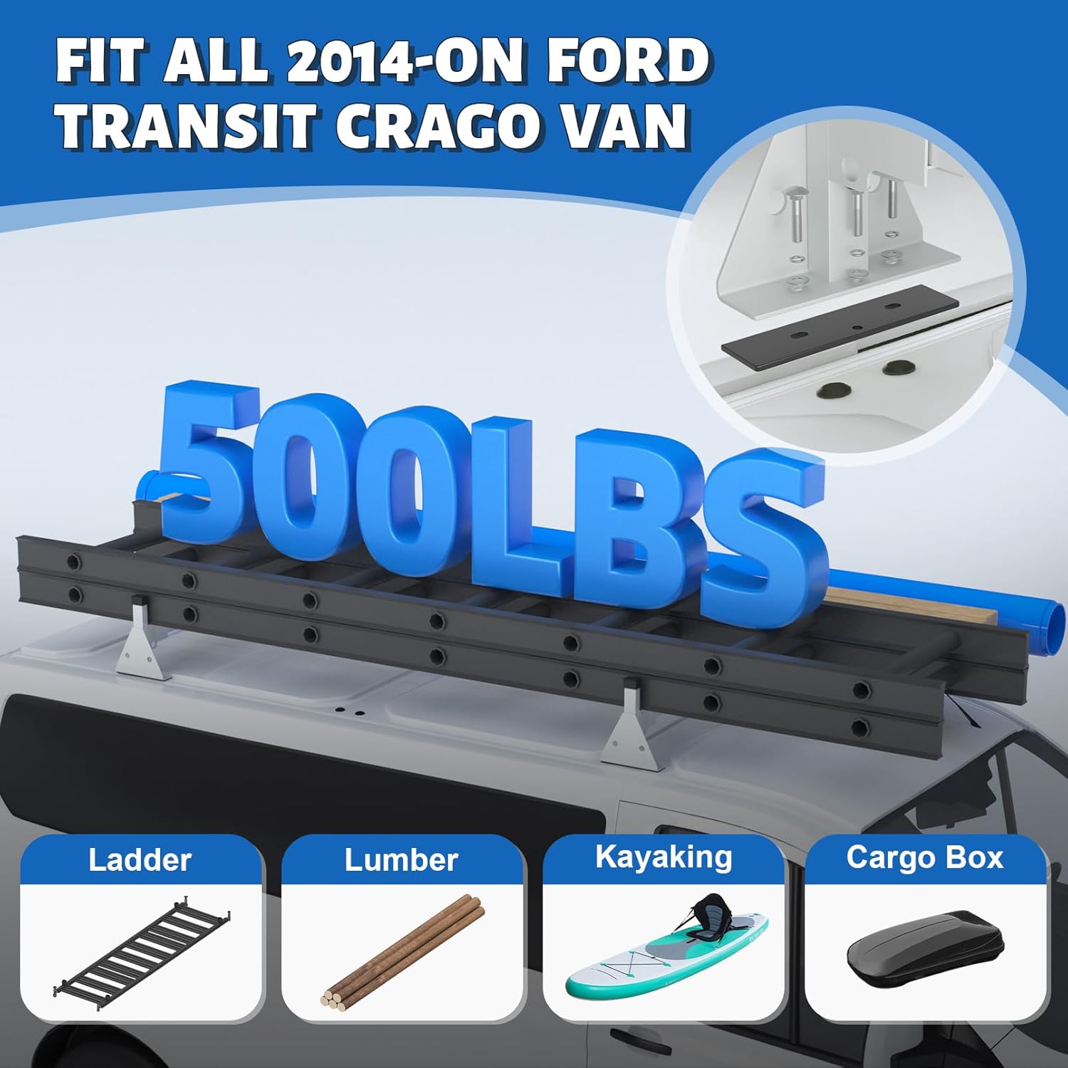 Ladder Roof Rack Fit for Ford 2015-2025 Transit 150 250 350 Heavy Duty Ladder Roof Rack for Cargo Van, 750lbs Load Capacity (2 Crossbars)