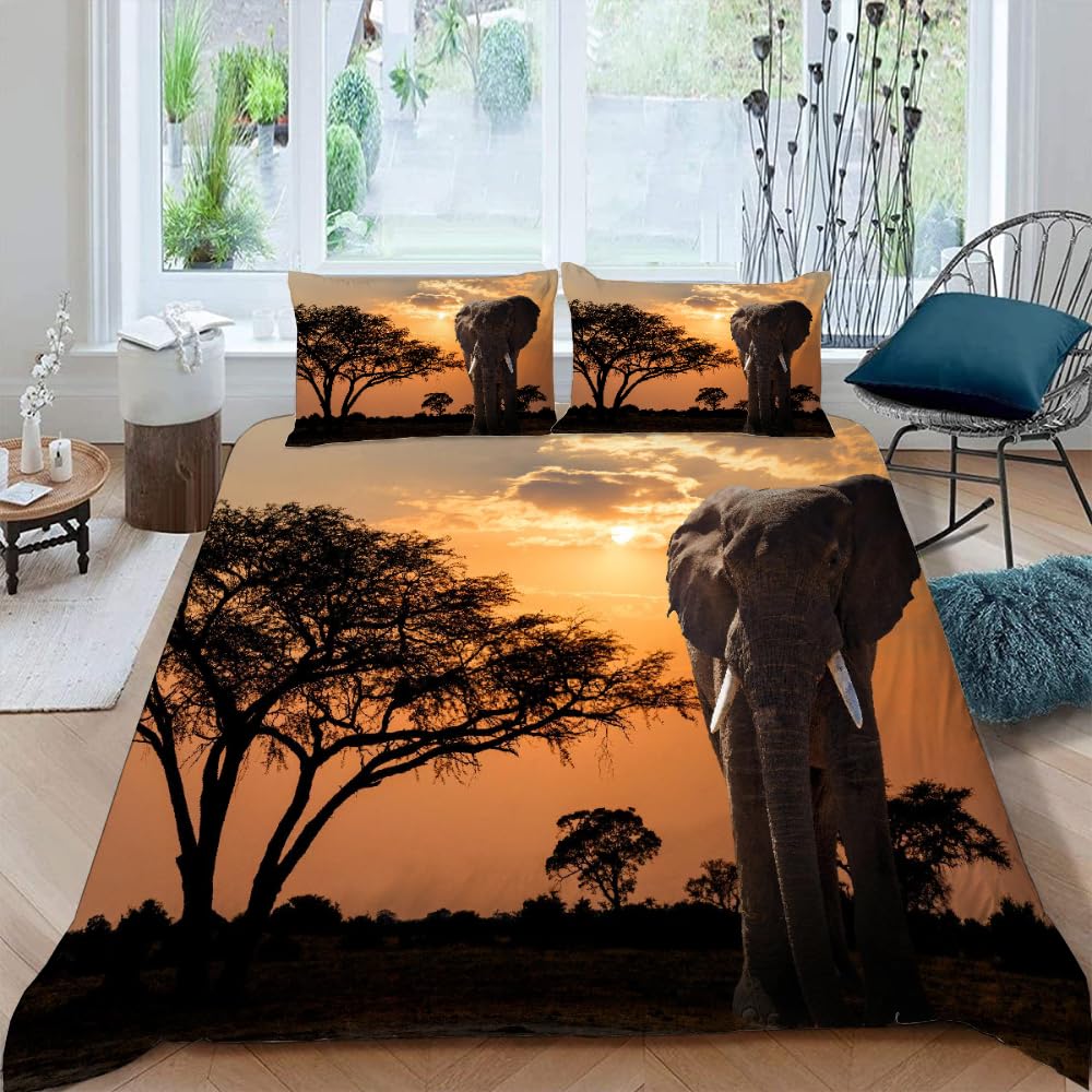 Komplet pościeli 220x240 cm dorosły 3D wzór słonia poszwa na kołdrę z mikrofibry 2 osoby z zamkiem błyskawicznym Afryka zwierzęta 3 sztuki z 2 poszewkami na poduszki 50x75