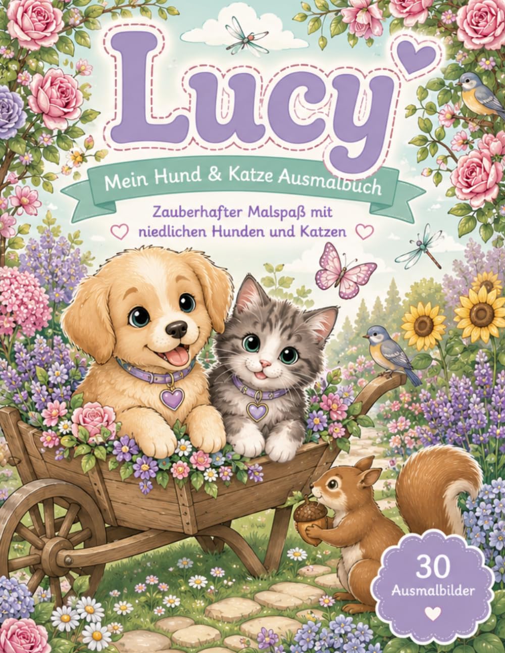 Lucy – Mein Hund & Katze Ausmalbuch: Personalisierter Malspaß mit niedlichen Hunden, Katzen und zauberhaften Gartenmotiven