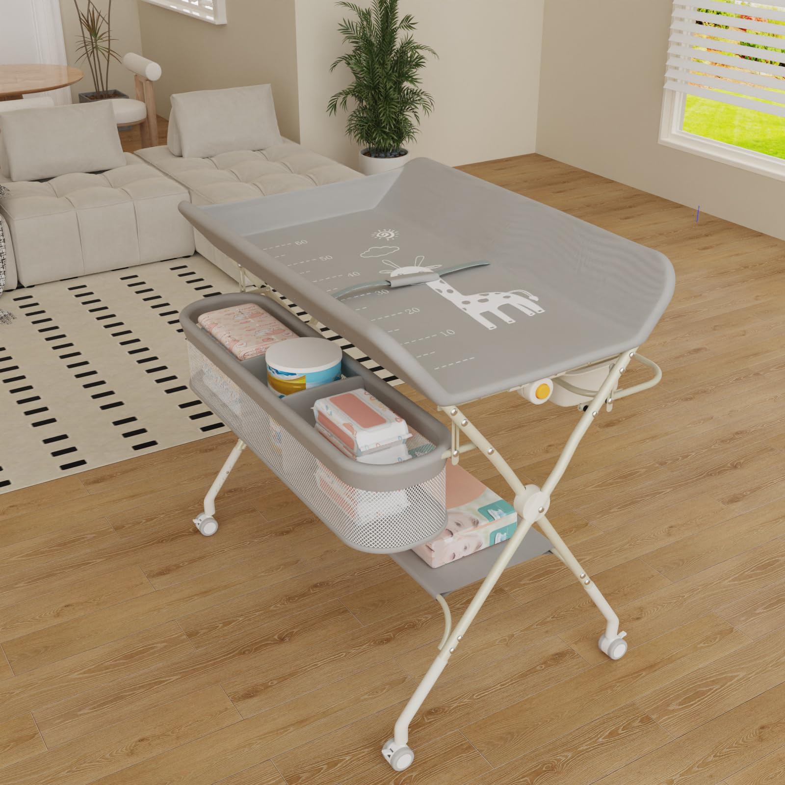 Supfine Cambiador plegable con almacenamiento, altura regulable en 5 niveles, cambiador móvil con cinturón de seguridad y barra para colgar, mesa para cambiar bebés (gris, 4 en 1)