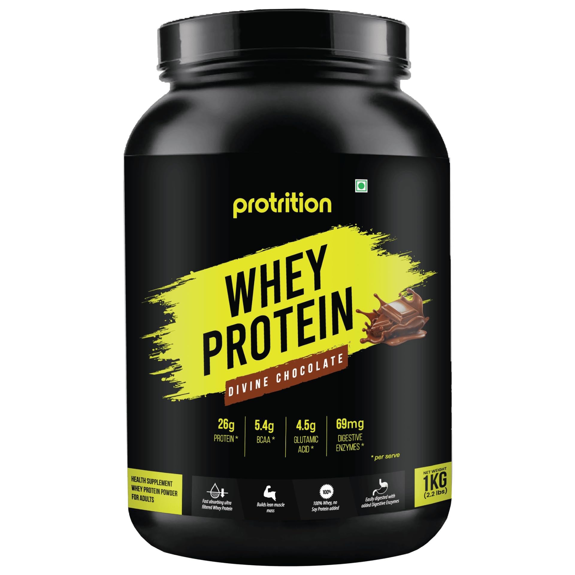 Whey Protein Powder | Divine Chocolate - 1kg (29 Servings)| 26g Protein, 5.4g BCAA per SCOOP | Added Digestive Enzymes | Muscle Growth, Strength And Recovery