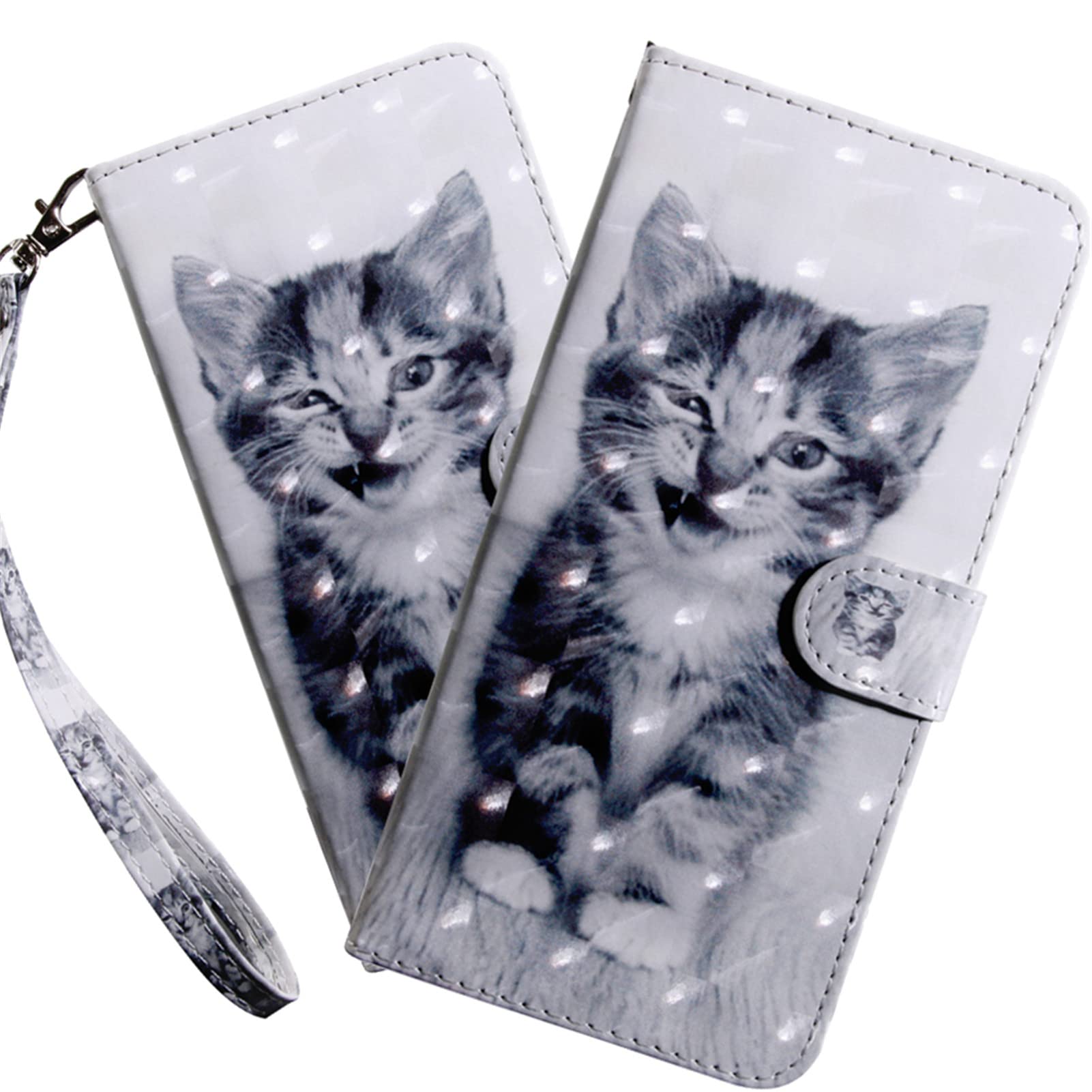 QIWEIQINGWH Compatible with iPhone 13 Mini Case PU Leather 3D Effect Shell Magnetic Clasp Shockproof Durable bookstyle Card Holder Stand Flip Cover for iPhone 13 Mini.Smile Cat BX