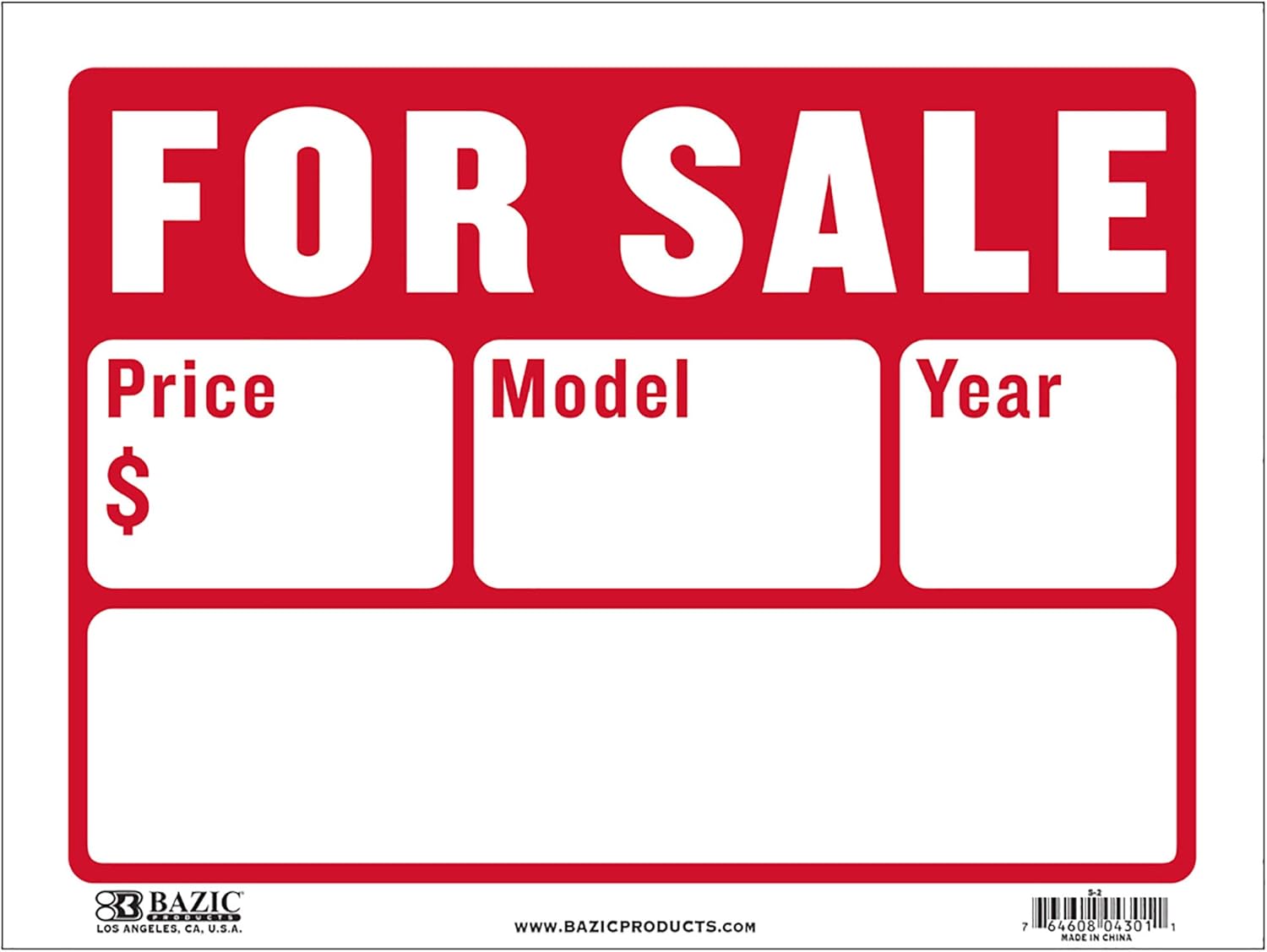 BAZIC Products For Sale Sign Car Auto Sales 9"X12" (2-Line), Model Year Phone Number, Cars Trucks Indoor Signage, High Visibility Signs, 24-Pack