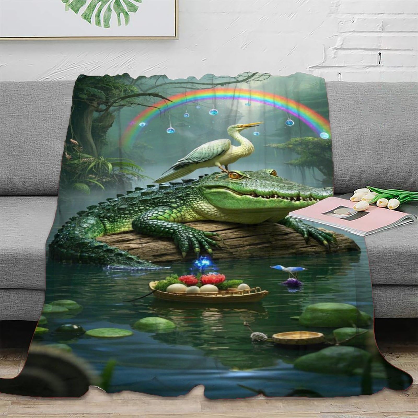 Emyxpaqm Style-1 Fleece Throw Blanket Crocodile Pattern For Couch, Sofa, Bed, Fluffy, Bird On Crocodile Head Blankets, Soft & Warm, Presents For Wedding Anniversary, 60X80inch(150X200cm)