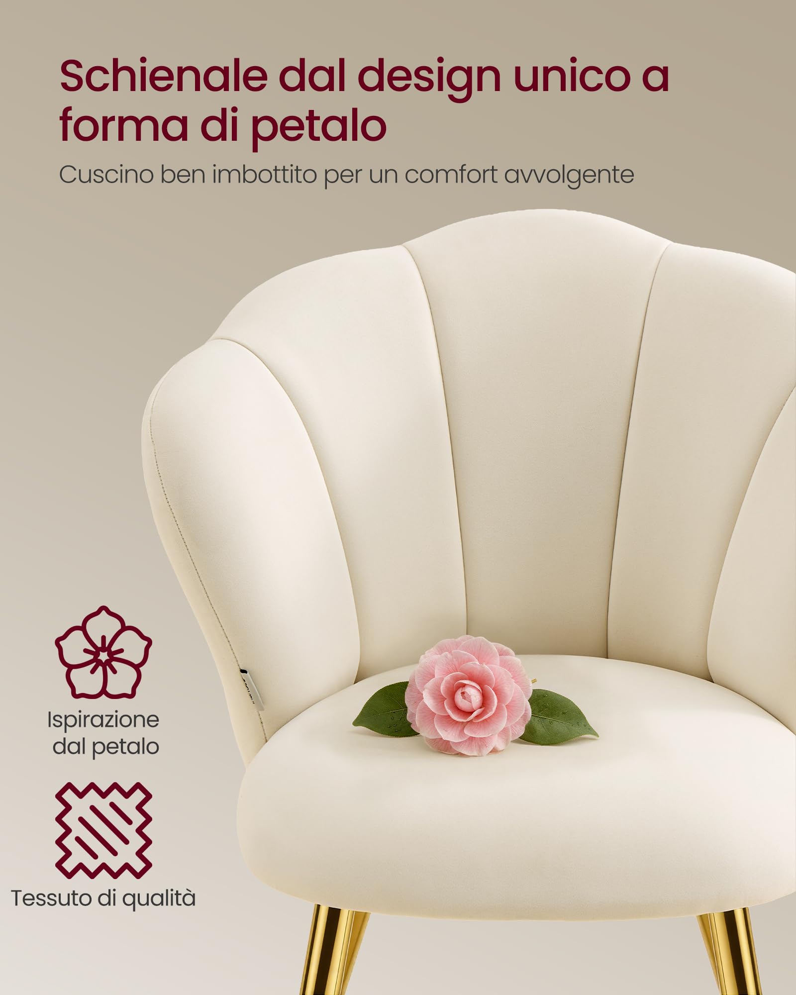 VASAGLE Sedia da Pranzo Cucina, Schienale a Forma di Petali, Sedia Trucco Imbottita, Velluto, Portata 150 kg, Gambe in Acciaio, per Soggiorno Camera da Letto, Bianco Crema KDC099W101