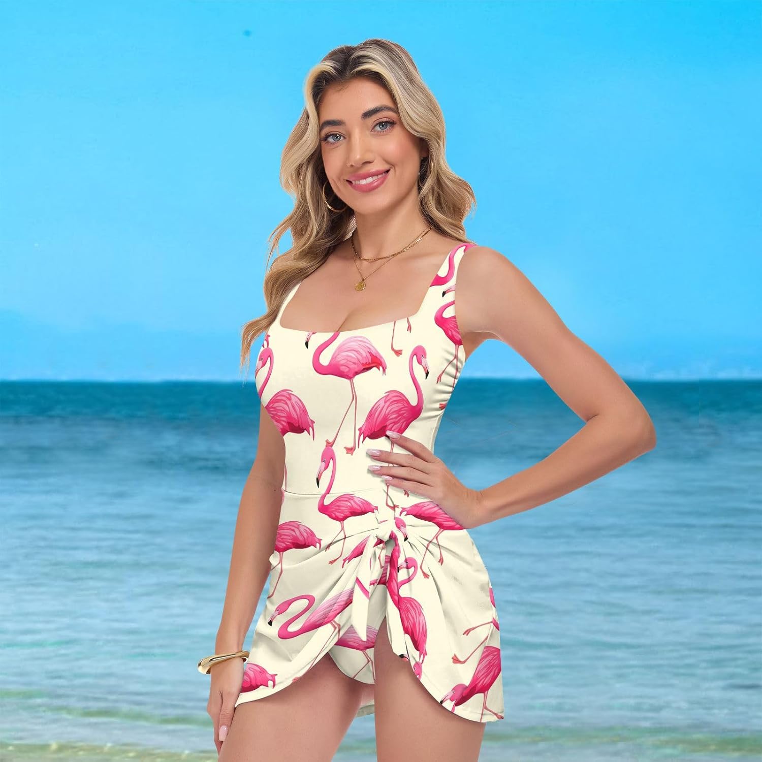 Cute Flamingo Yellow Women's One Piece Swimsuits Tummy Control Bathing Suits S A2302536