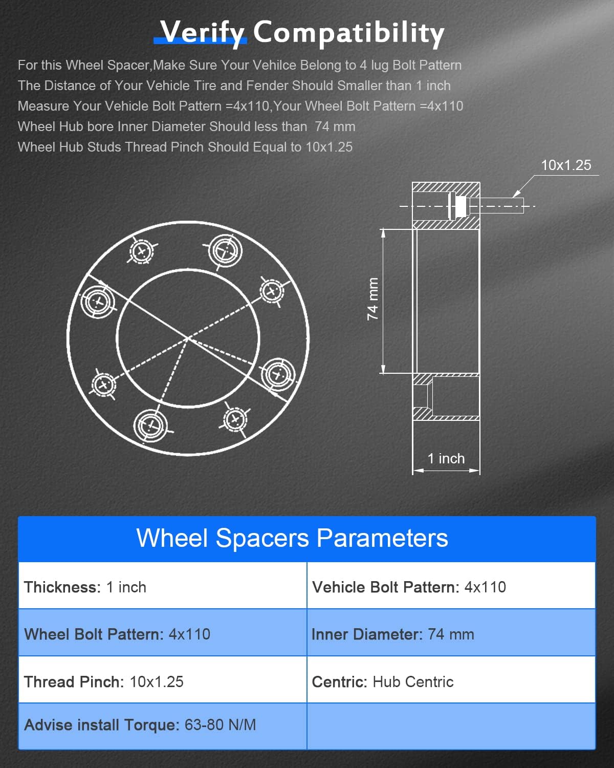 ECCPP 4PCS 1 inch 25mm 4 Lug Wheel Spacers Hubcentric 4x110mm 74mm centerbore for Bear Tracker Big Bear Bruin Grizzly Kodiak Rhino Wolverine