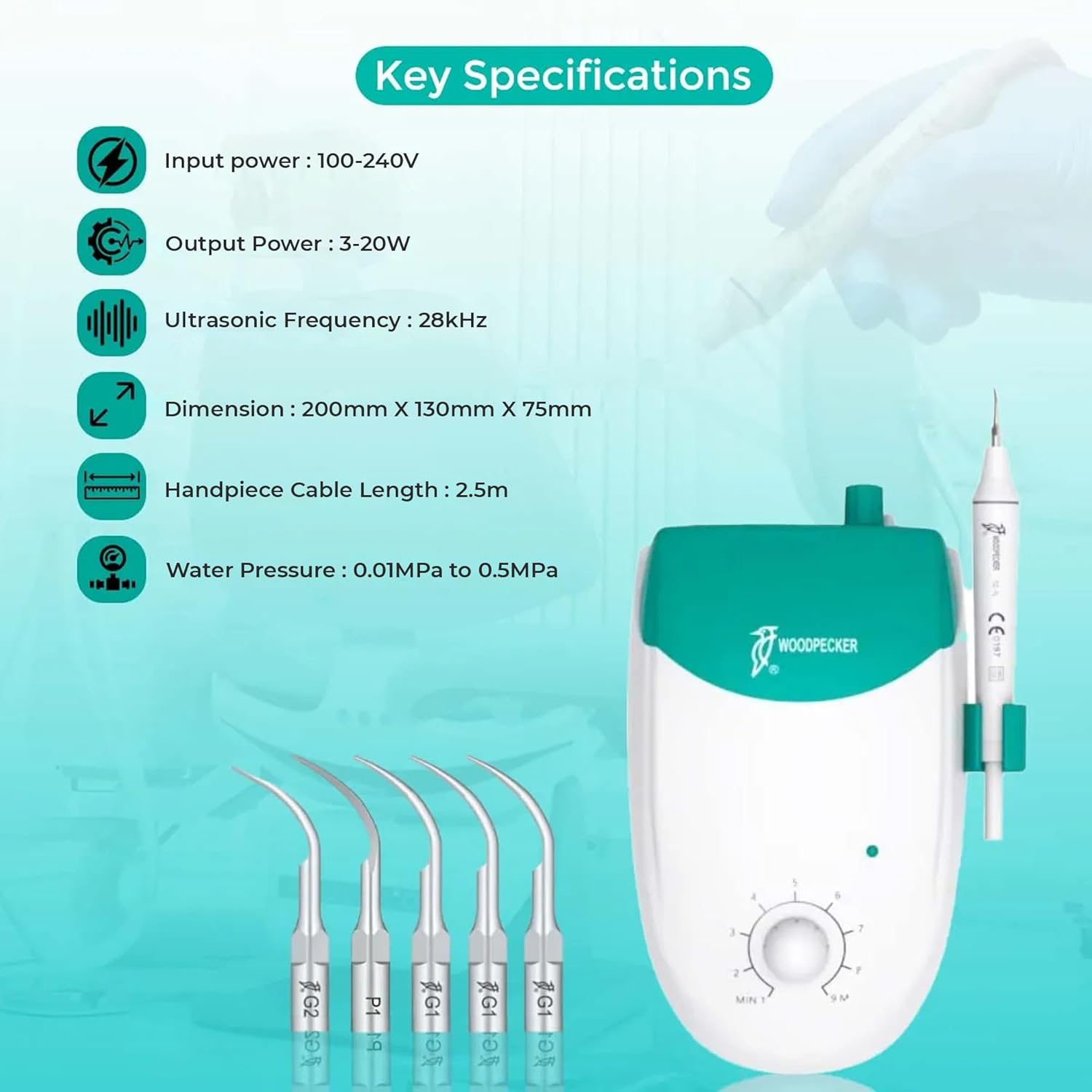 Key specifications of the DENTGIST Woodpecker UDS-J Ultrasonic Scaler