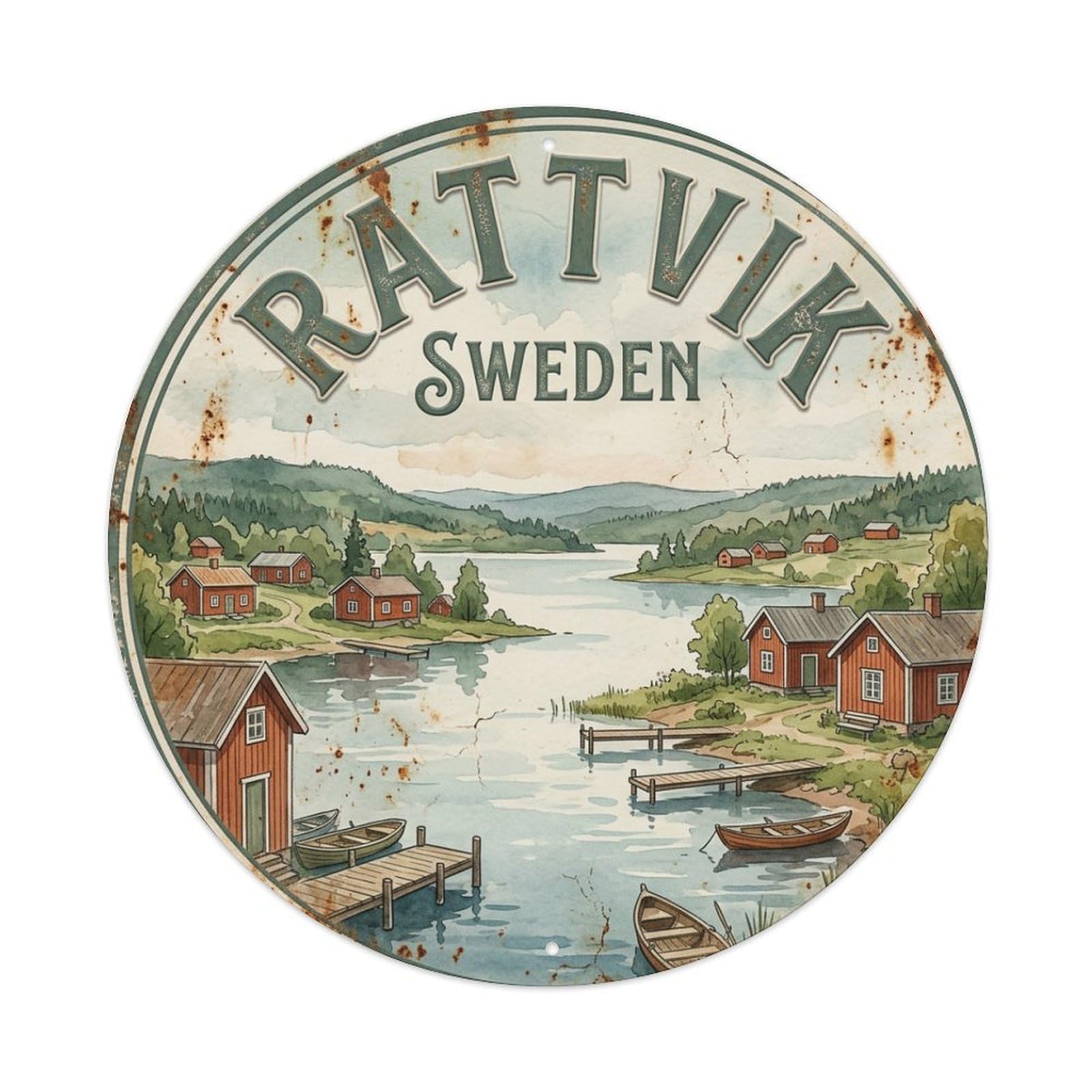 Vintage Travel Rattvik Sweden Village Metal Tin Sign