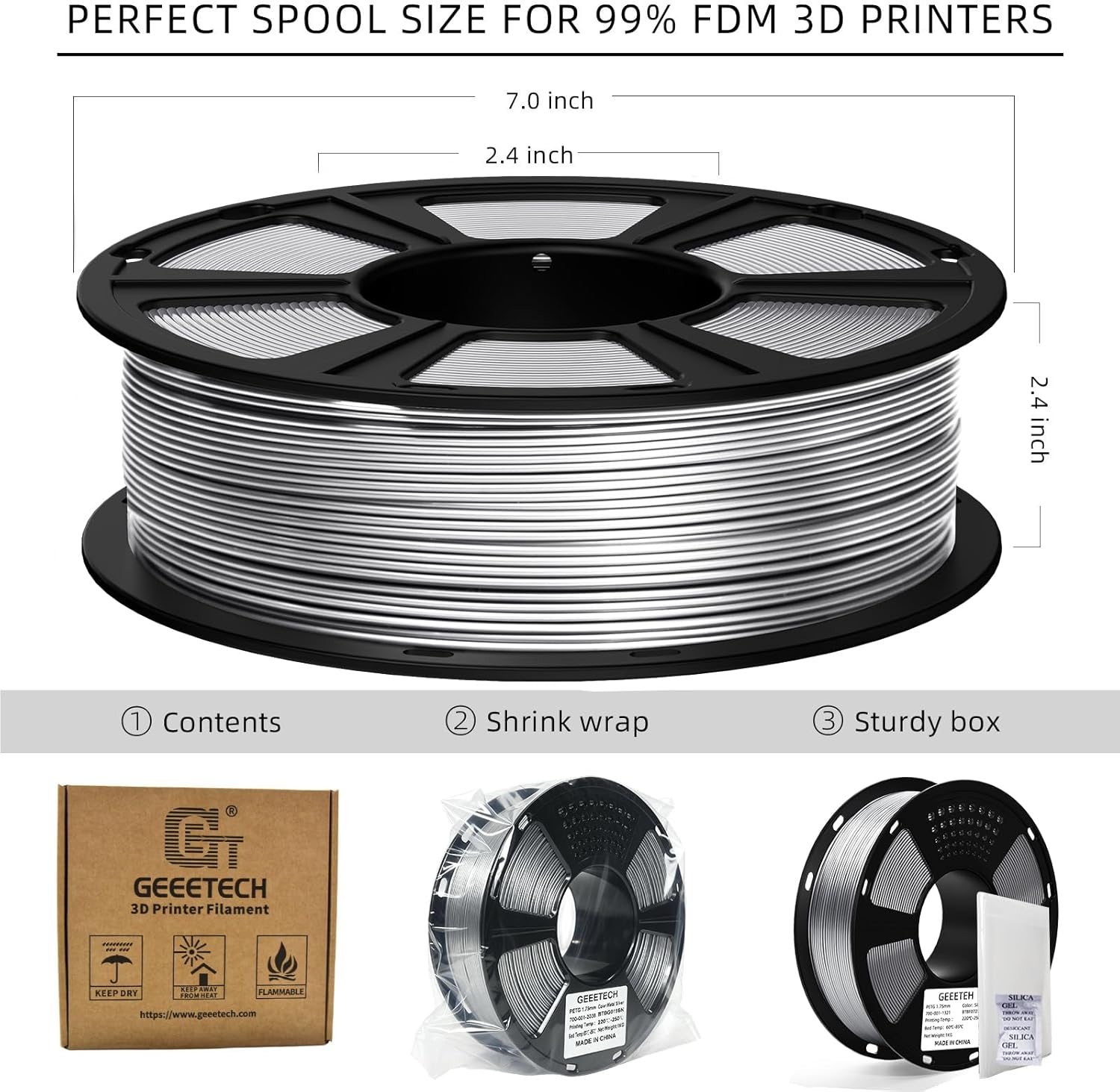 Geeetech PETG Filament 1.75mm Metallic Silver, 1kg/(2.2 lbs) Spool Upgraded High-Strength 3D Printer Filament, Metallic Shimmer, Glossy Finish, ±0.02mm Precision Fits Most FDM Printers