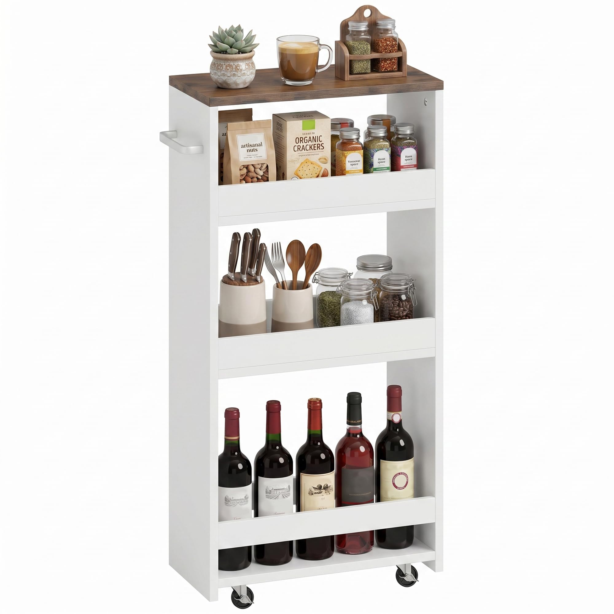 HOMCOM Carrito de Cocina Estrecho 3 Niveles con Ruedas 40x20x84 cm Blanco | Asa Lateral, Carro de Cocina Rodante, para Espacios Reducidos, Comedor o Salón