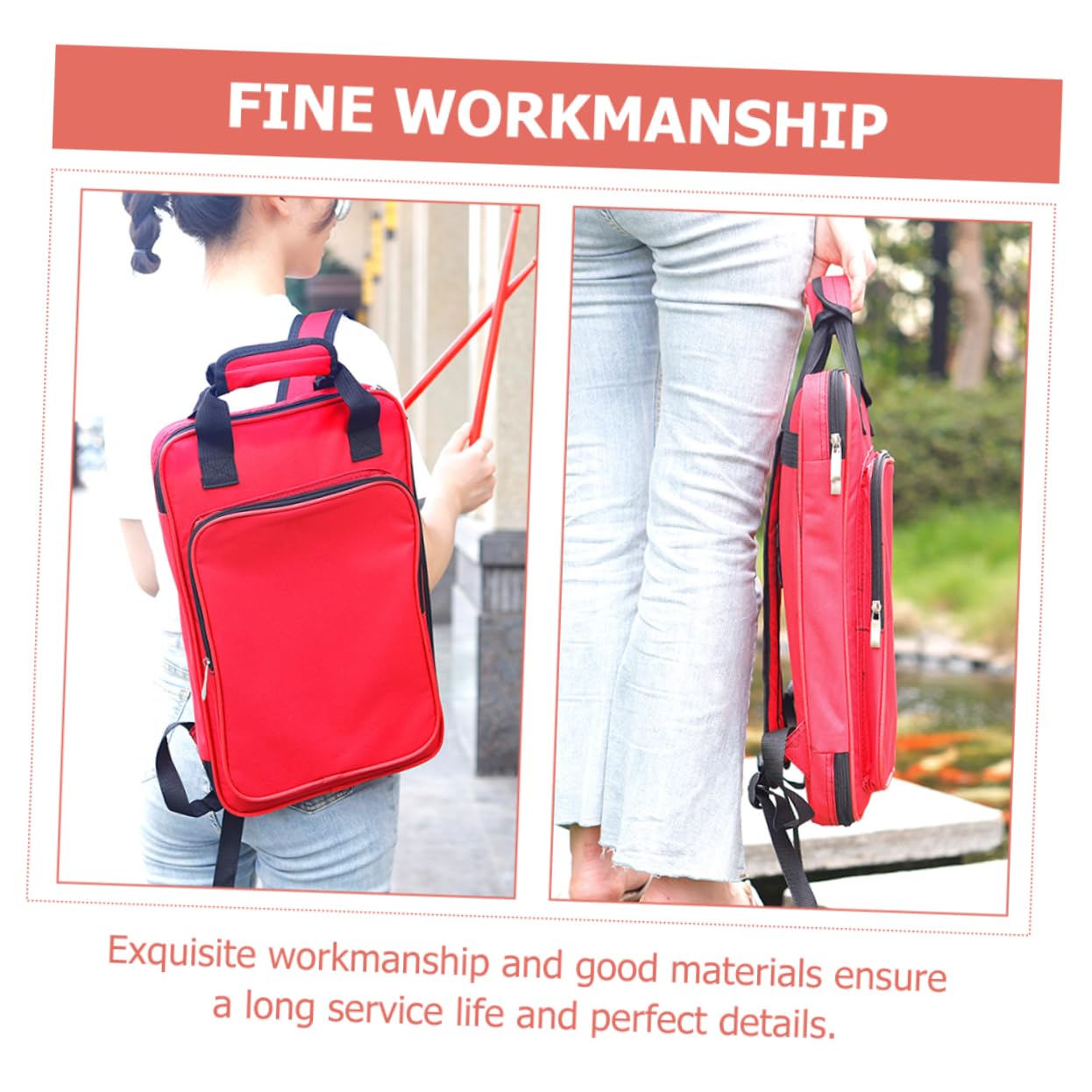 Bolsa de Transporte Profesional para Baquetas Roja | Oxford Algodón y Carbono, Formato Mochila, para Salas de Práctica y Escenarios