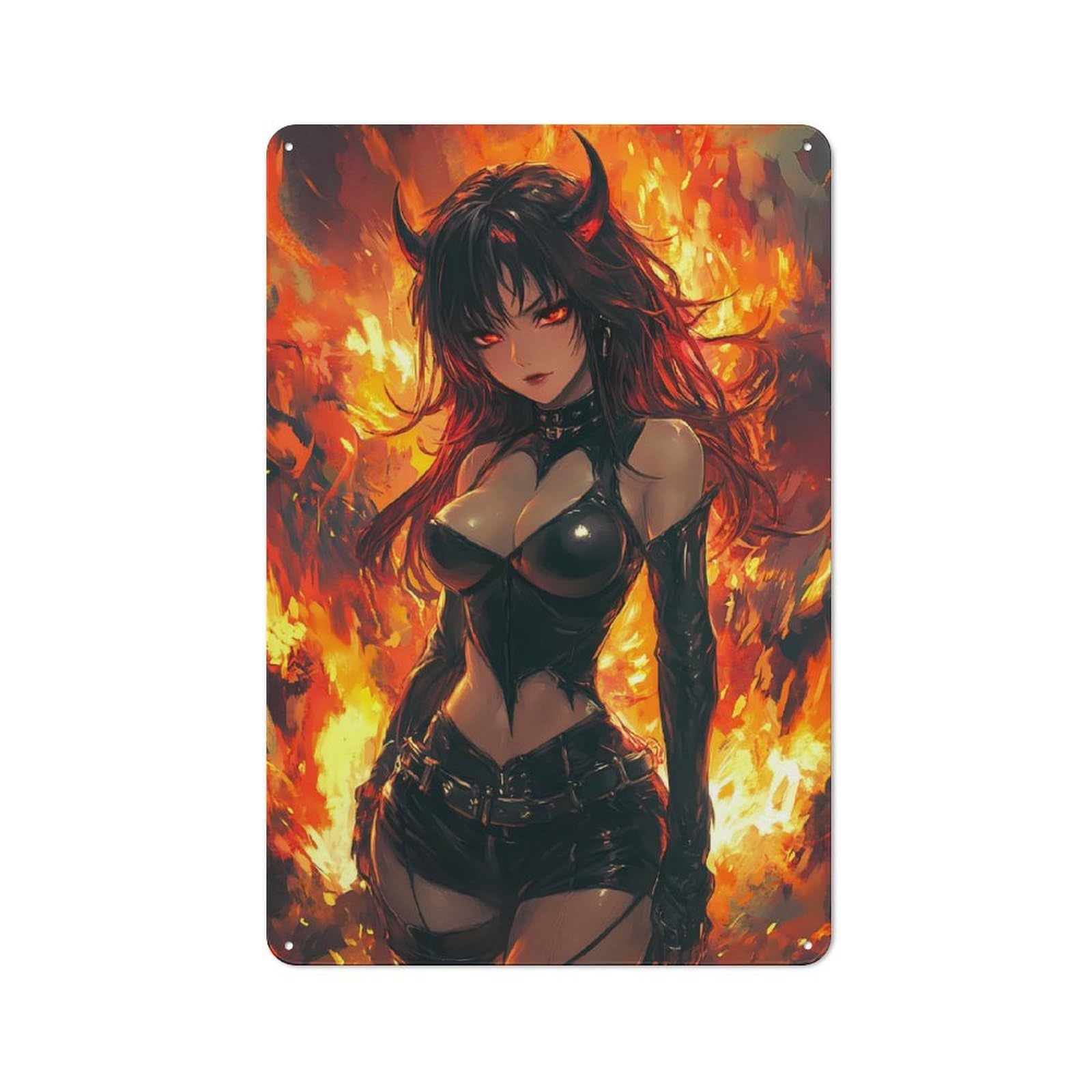 Man Cave Fiery Anime Demon Girl Tin Wall Sign, Wall Decor for Workshop, Shed And Game Room, 30x20cm