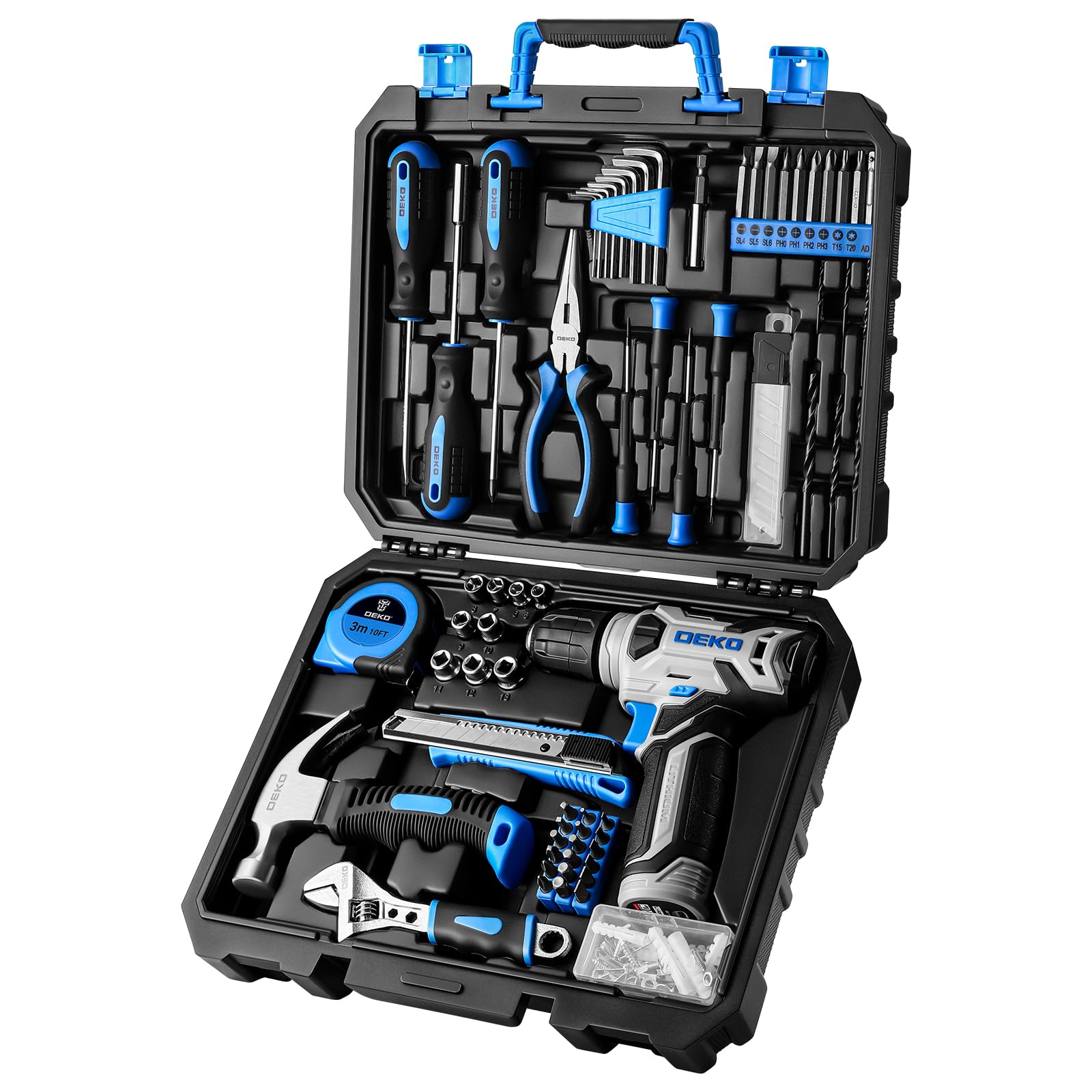 DEKO Caja Herramientas Completa con Destornillador Electrico/Taladro con bateria de 8V, Maletin de 126 Piezas, Caja profesional de herramientas Domésticas de Bricolaje para Oficinas y Jardín,Azul