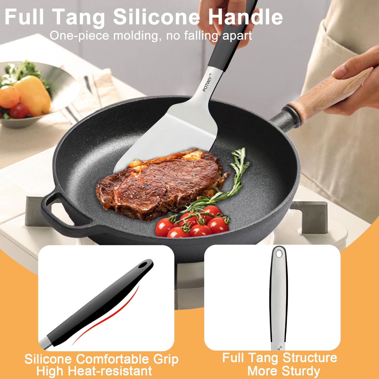 Juego de 2 espátulas de acero inoxidable, espátula de metal de 13.3 y 11.3 pulgadas para cocinar sartén de hierro fundido y parrilla plana, volteador resistente con mango de silicona para